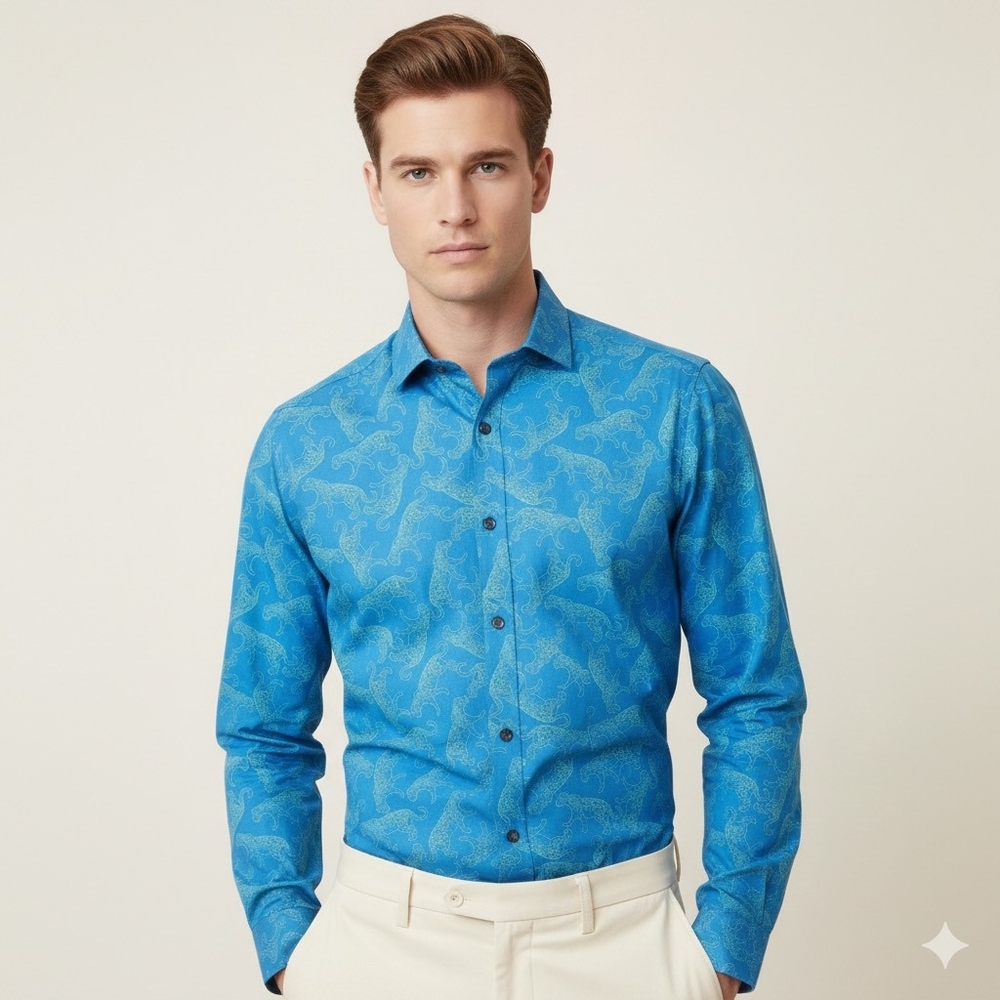 BAR III BLUE SLIM STRETCH TIGER LEOPARD CAT PRINT BUTTON FRONT SHIRT